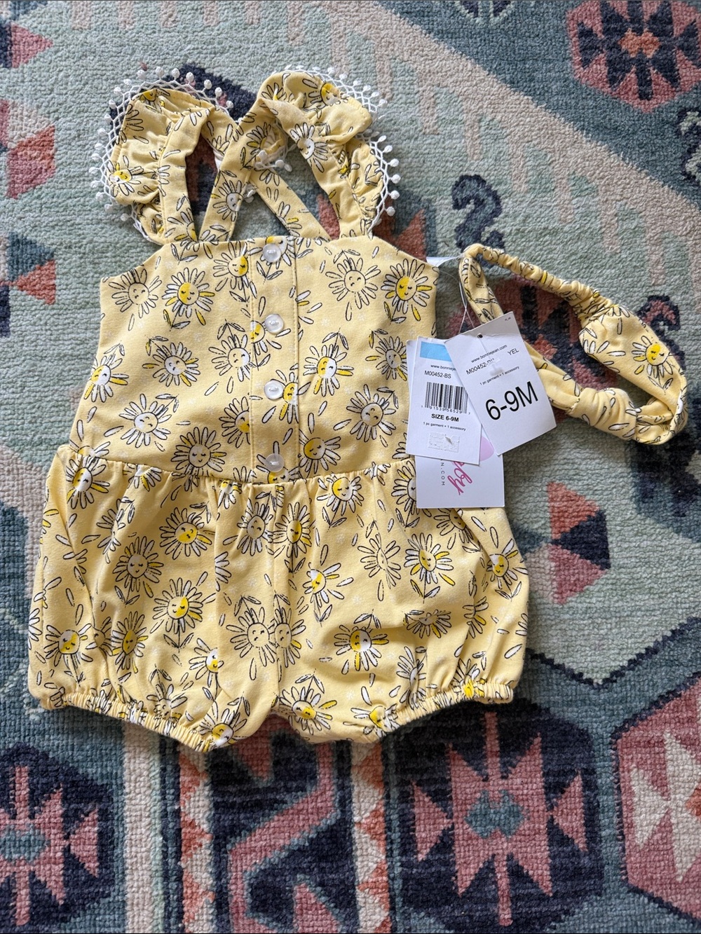 Bonnie Jean Yellow Daisy Baby One-Piece Romper with Headband